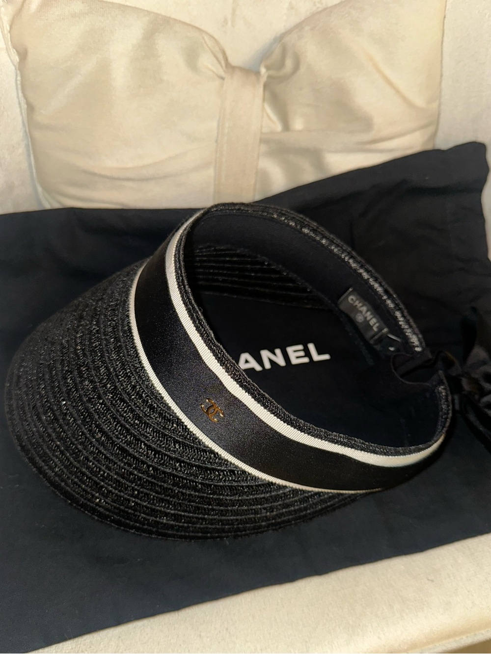 CHANEL Black Visor with White Logo